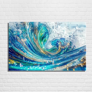 Könnte beinhalten: Abstrakte Kunst, die eine brechende Meereswelle darstellt. Das Bild verwendet Blau-, Türkis- und Goldtöne. Die dynamische Komposition fängt die Bewegung von Wasser und Licht ein.