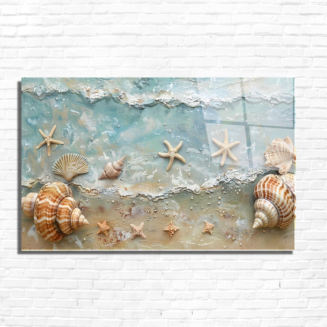 Coastal Seashell Tempered Glass Wall Art, Beach Inspired Wall Decor ...