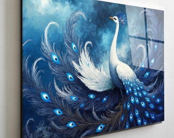 すぐに掛けられる強化ガラス製ウォールアート。白い馬の絵。クリスタル