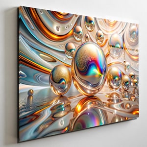 May include: A rectangular wall art print featuring a collection of iridescent, metallic spheres floating above a liquid, reflective surface. The composition displays swirling waves of gold, blue, and silver tones with a high-gloss finish.