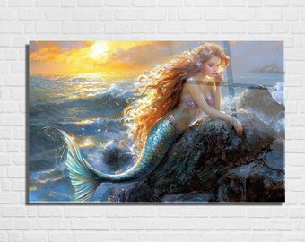 Mermaid Sunset Tempered Glass Wall Art, Coastal Nautical Decor