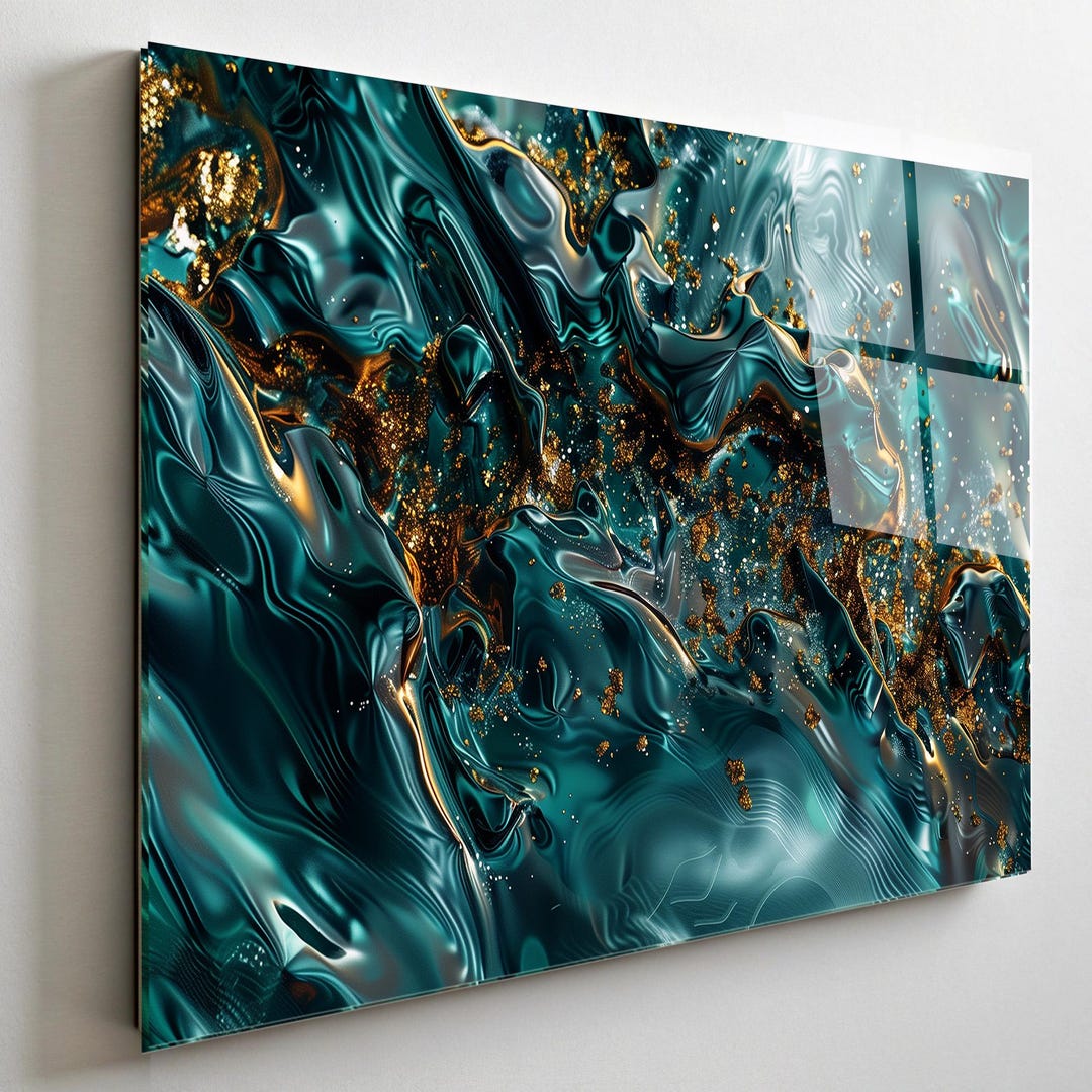 Teal Gold Abstract Tempered Glass Wall Art, Modern Luxury Decor - Etsy