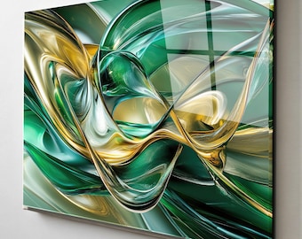 Emerald Green Gold Abstract Glass Wall Art, Modern Luxury Decor