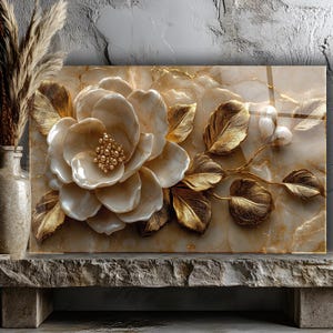 Arte mural floral dorado en vidrio templado – Diseño de flor 3D