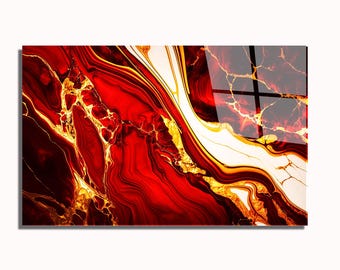 Red Gold Marble Tempered Glass Wall Art, Luxury Abstract Art