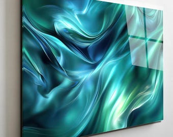 Teal Green Abstract Waves Tempered Glass Wall Art, Large 3D Panel