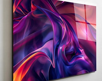 May include: Abstract art print featuring flowing, layered forms in shades of purple, magenta, and orange. The artwork has a glossy finish and is mounted on a white background. The composition creates a sense of movement and depth.