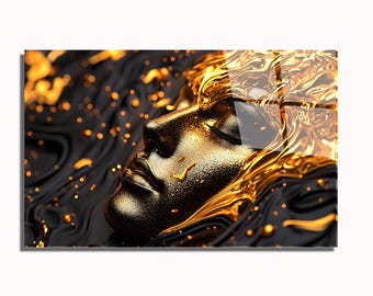 May include: A striking art print featuring a golden face emerging from a dark, textured background. The face is detailed with golden accents, and the overall effect is one of luxury and artistic expression. The artwork is a modern piece.