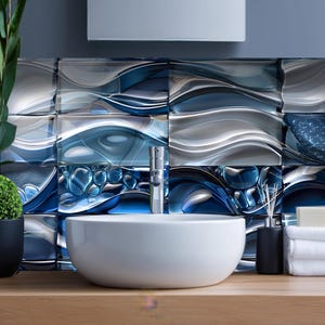 Blauwe golf gehard glas kunst aan de muur, badkamer kunst aan de muur, abstract 3D-paneel wanddecoratie, modern blauw glaskunstwerk, luxe wanddecoratie