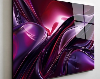 May include: Abstract digital art print featuring flowing, glossy shapes in shades of purple, magenta, and red. The artwork has a dynamic, three-dimensional appearance with highlights and shadows, creating a sense of depth and movement. The print is mounted on a wall.