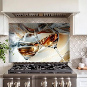 May include: A glass kitchen splashback with a digitally created image of two wine glasses filled with amber liquid. The abstract design features flowing, translucent shapes in brown, gold, and white, creating a modern aesthetic.