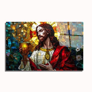 Art mural en verre trempé aspect vitrail Jésus-Christ, cadeau religieux