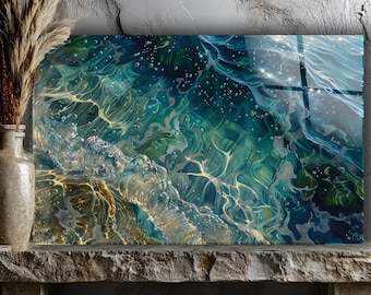 Ocean Waves Tempered Glass Wall Art – Abstract Coastal Decor