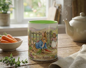 ピーターラビットの陶器製コーヒーマグ、ビアトリクス・ポターのクラシックイラスト入りティーカップ、読書好きの方への文学ギフト、気まぐれなガーデン保育園の装飾