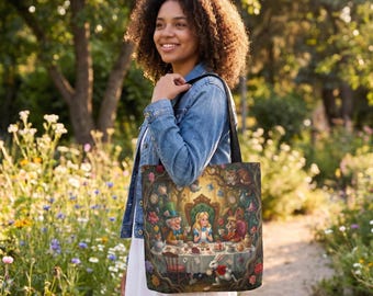 Alice in Wonderland Tote Bag | Mad Hatter Tea Party | Book Lover Gift | Literary Canvas Bag | Librarian Teacher Gift | White Rabbit Art
