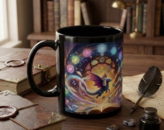 Dark Academia Dragon Mug, Mystical Library Desk Decor, Celestial Fantasy Illustration Ceramic Mug, Moody Gothic Gift for Bibliophiles