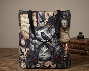 Nevermore Raven Poe Tote Bag: Gothic Literary Aesthetic Canvas Shoulder Bag for Book Lovers, Dark Academia Gift, Victorian Mystery Style