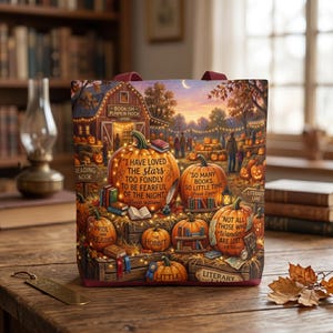 Bookish Pumpkin Patch Tote Bag | Literary Halloween Library Reader Gift | Fall Autumn Aesthetics Book Lover Carryall | Spooky Cozy Book Tote