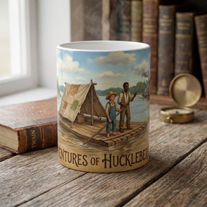 May include: A white ceramic mug featuring a colorful illustration of two figures on a wooden raft with a tent, sailing on a river. The text "ADVENTURES OF HUCKLEBERRY" is printed in dark brown lettering along the bottom edge of the mug's exterior surface.