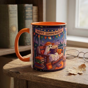 Cozy Summerween Mug, Ghost Reading Aesthetic Halloween Cup, Spooky Book Lover Gift, Cute Fall Vibes Decor, Reader Literary Coffee Mug