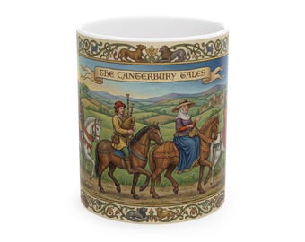 The Canterbury Tales Literary Mug, Medieval Pilgrims Illustration, Geoffrey Chaucer Gift for English Teachers, Bookish Ceramic Coffee Cup