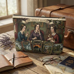 Può includere: Un beauty case rettangolare con un'illustrazione vintage delle sorelle Brontë e i loro romanzi: "Cime Tempestose", "Jane Eyre" e "La signora di Wildfell Hall". La borsa è su un tavolo di legno con un diario, occhiali e un passaporto.
