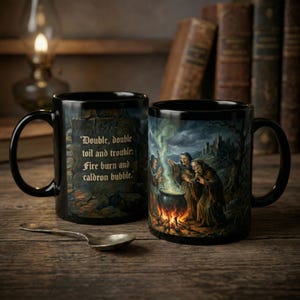 Witchy Macbeth Mug - Dark Shakespearean Art Coffee Cup - Weird Sisters Cauldron Scene - Gothic Literature Gift - Macabre Library Decor