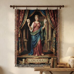 Classical Muse of Drama Woven Blanket - Tragedy and Comedy Mask Wall Hanging - Dark Academia Literary Gift - Vintage Style Tapestry Throw