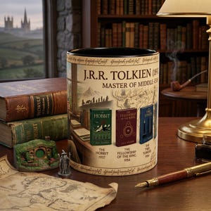 May include: A ceramic mug featuring J.R.R. Tolkien and book covers from The Hobbit and The Lord of the Rings. The mug has a black interior and is surrounded by books, a map, and a miniature Hobbiton model. A pen and pipe are also visible.