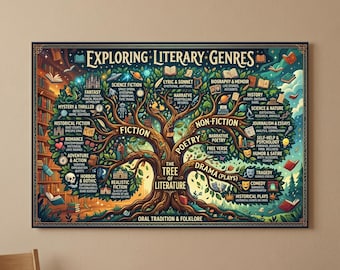 May include: A rectangular wall poster titled Exploring Literary Genres featuring a large tree with branches labeled as Fiction, Non-Fiction, Poetry, and Drama. The tree is surrounded by icons and text representing various literary categories.