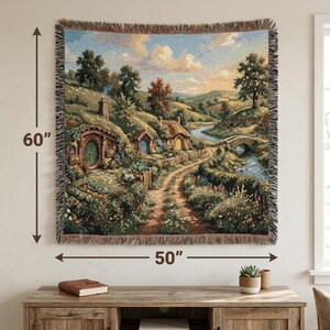 The Shire Woven Throw Blanket, Hobbit Hole Landscape Tapestry, Middle Earth Inspired Home Decor, Fantasy Forest Wall Hanging, Fantasy Lovers image 8