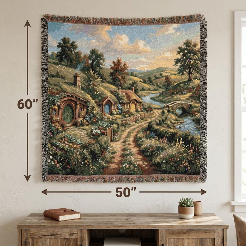 The Shire Woven Throw Blanket, Hobbit Hole Landscape Tapestry, Middle Earth Inspired Home Decor, Fantasy Forest Wall Hanging, Fantasy Lovers image 8