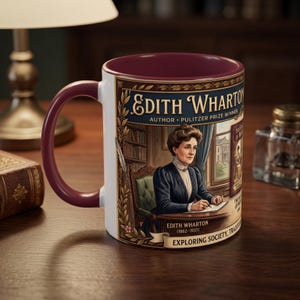May include: White ceramic mug with a burgundy interior and handle. The mug features a detailed illustration of Edith Wharton, author and Pulitzer Prize winner, with text that reads "Edith Wharton" and "Exploring Society, Tradition."