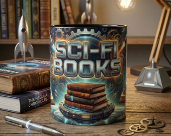 Sci-Fi Books Mug, Science Fiction Lover Gift, Galaxy Bookworm Coffee Cup, Space Theme Librarian Gift, Reader Present, Cosmic Library Design