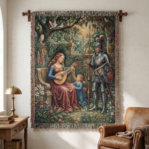 Medieval Knight and Lady Woven Blanket, Renaissance Tapestry Throw, Fairytale Millefleurs Wall Hanging, Gothic Fantasy Decor, Woven Art Gift