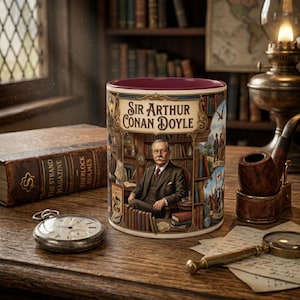Puede incluir: Una taza de cerámica con un retrato de Sir Arthur Conan Doyle en una biblioteca, con el texto Sir Arthur Conan Doyle impreso en la parte superior. La taza tiene un interior rojo oscuro y una ilustración detallada de libros y escenas literarias.