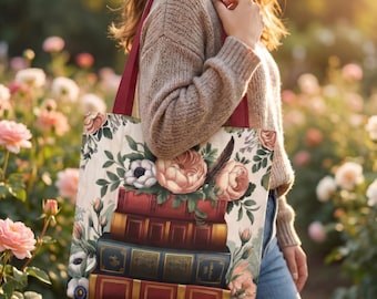 Floral Book Stack Tote Bag | Dark Academia Aesthetic | Vintage Library Gift for Book Lover, Teacher, Librarian | Cottagecore Canvas Shopper