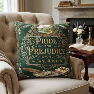 Pride and Prejudice Book Cover Pillow, Librarian Gift, Jane Austen Home Decor, Cozy Reading Nook Cushion, Vintage Style Literary Art Pillow