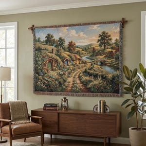 The Shire Woven Throw Blanket, Hobbit Hole Landscape Tapestry, Middle Earth Inspired Home Decor, Fantasy Forest Wall Hanging, Fantasy Lovers image 1
