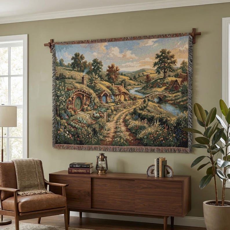 The Shire Woven Throw Blanket, Hobbit Hole Landscape Tapestry, Middle Earth Inspired Home Decor, Fantasy Forest Wall Hanging, Fantasy Lovers image 1