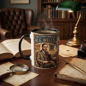 May include: A white coffee mug with a black handle and rim, featuring a vintage illustration of H.G. Wells. The mug is filled with hot coffee, and the text "THE LITERARY WORLD OF H.G. WELLS" is visible. The mug sits on a wooden desk with books and a magnifying glass.