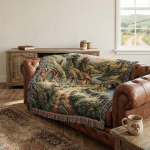 The Shire Woven Throw Blanket, Hobbit Hole Landscape Tapestry, Middle Earth Inspired Home Decor, Fantasy Forest Wall Hanging, Fantasy Lovers image 2