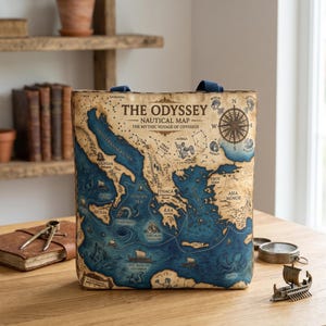 Pode incluir: Uma sacola com um mapa náutico que retrata o Mar Mediterrâneo e áreas circundantes em tons de azul e bege. Apresenta uma rosa dos ventos e constelações, com o texto "The Odyssey Nautical Map".