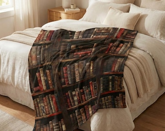 Vintage Library Bookshelf Blanket | Dark Academia Decor | Antique Leather Books Throw | Cozy Reading Room Gift for Book Lovers & Writers