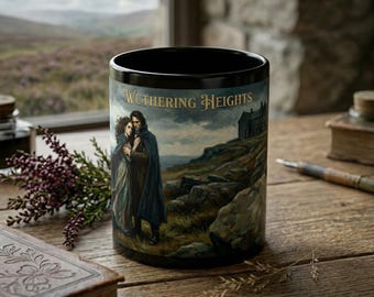 Brontë Classics: Wuthering Heights Illustrated Heritage Mug | Black ceramic coffee cup