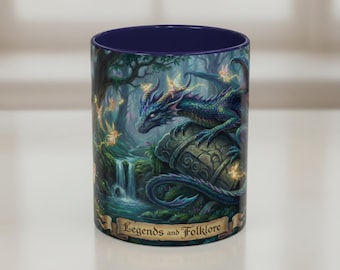 Mythical Dragon and Fairy Mug - Enchanted Forest Folklore Coffee Cup - Fantasy Art Gift for Book Lovers, Storytellers, and Myth Lovers