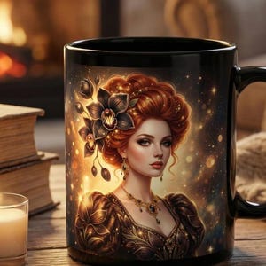 Fantasy Art Black Mug | Celestial Redhead Portrait | Dark Floral Coffee Cup | Magical Galaxy Background | Unique Gift for Her