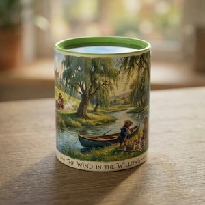 May include: A ceramic mug with a green rim and a detailed illustration of a river scene from "The Wind in the Willows." The artwork depicts a boat, trees, and characters. The text "The Wind in the Willows" is at the bottom.