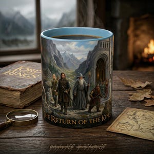May include: A white ceramic mug with a black handle and the text "But First, Coffee" in a bold, black font. The mug is set against a blurred background, suggesting a cozy setting.
