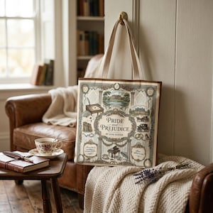 May include: A canvas tote bag featuring the title "Pride and Prejudice" by Jane Austen. The bag has a cream-colored background with a brown border and handles. The design includes illustrations of scenes and objects from the novel.